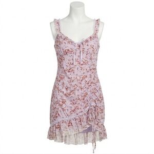 Stitch & Pine Lavender Floral Ruched Mesh Ruffle Mini Dress Size L